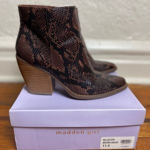 Madden Girl brown snake klicck booties.